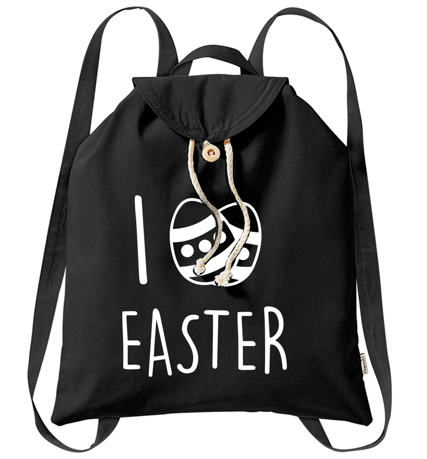 I love Easter organic cotton backpack tote with wooden buttons in black