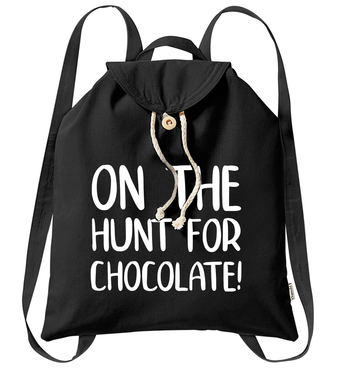 On the hunt for chocolate! organic cotton backpack tote with wooden buttons in black