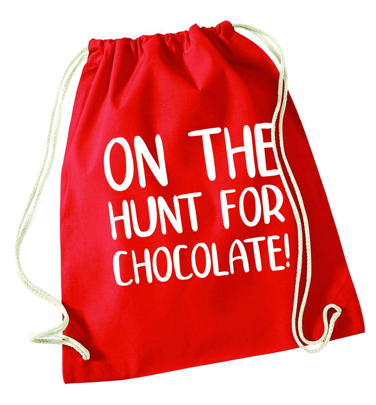 On the hunt for chocolate! red drawstring bag 