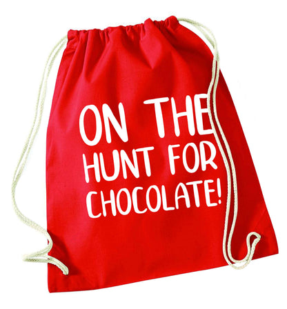 On the hunt for chocolate! red drawstring bag 