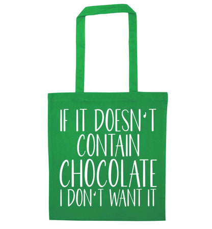 If it doesn't contain chocolate I don't want it green tote bag