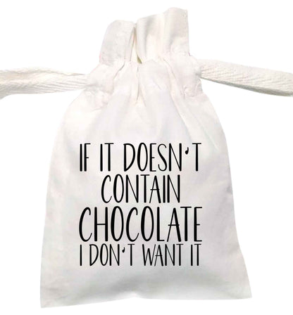 If it doesn't contain chocolate I don't want it | XS - L | Pouch / Drawstring bag / Sack | Organic Cotton | Bulk discounts available!