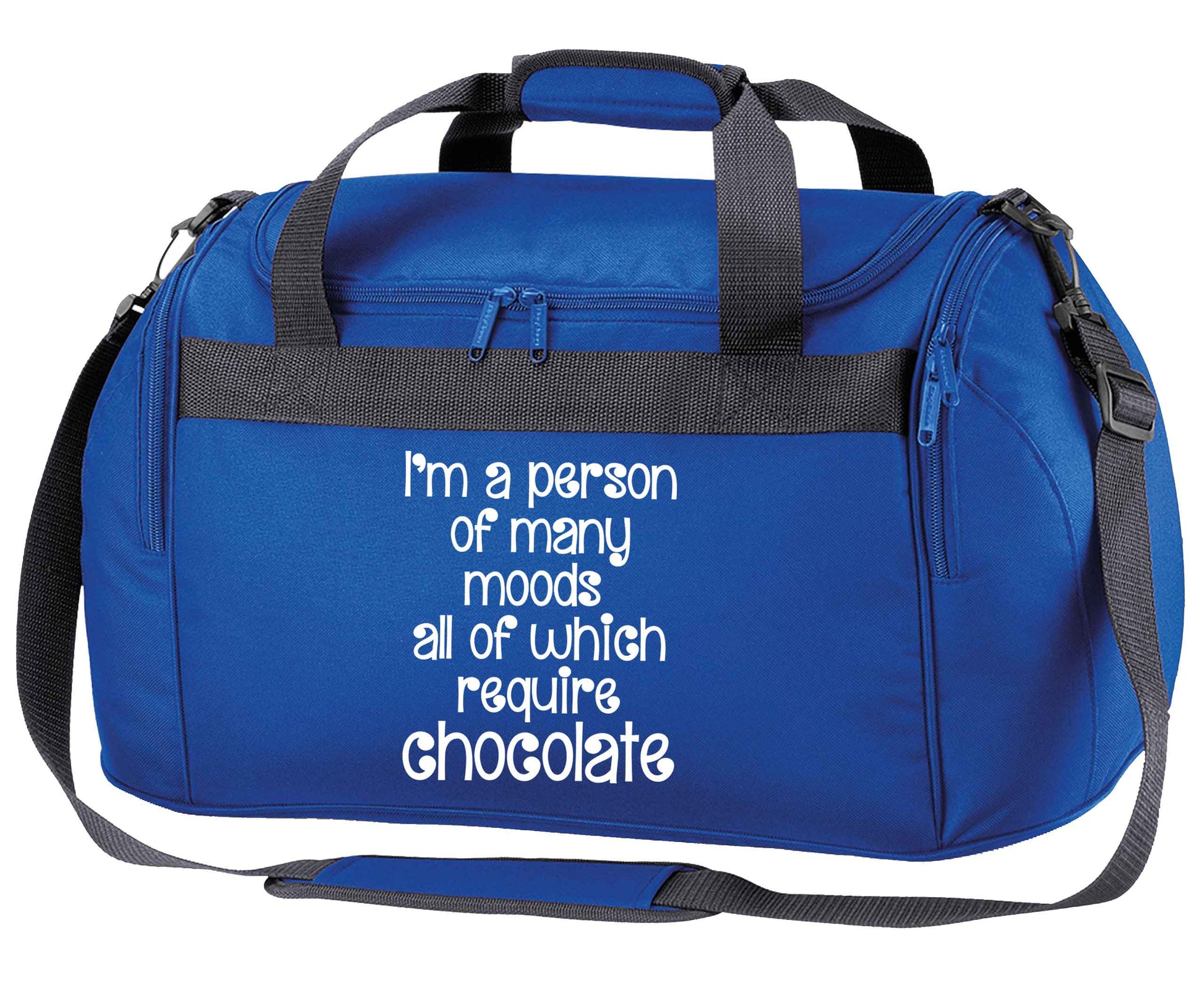 funny gift for a chocaholic! I'm a person of many moods all of which require chocolate royal blue holdall / duffel bag