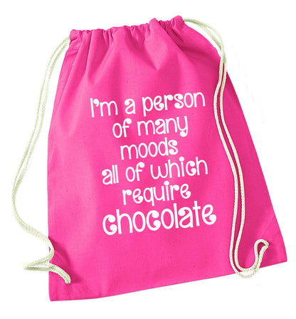 funny gift for a chocaholic! I'm a person of many moods all of which require chocolate pink drawstring bag