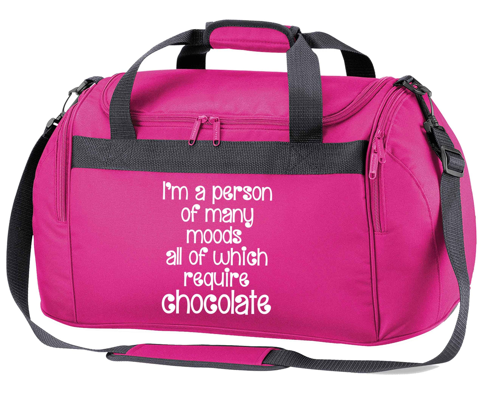 funny gift for a chocaholic! I'm a person of many moods all of which require chocolate pink holdall / duffel bag
