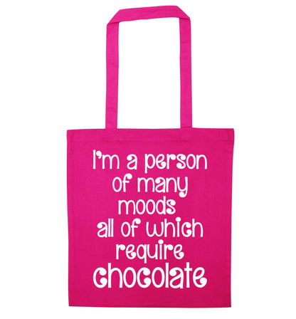 funny gift for a chocaholic! I'm a person of many moods all of which require chocolate pink tote bag