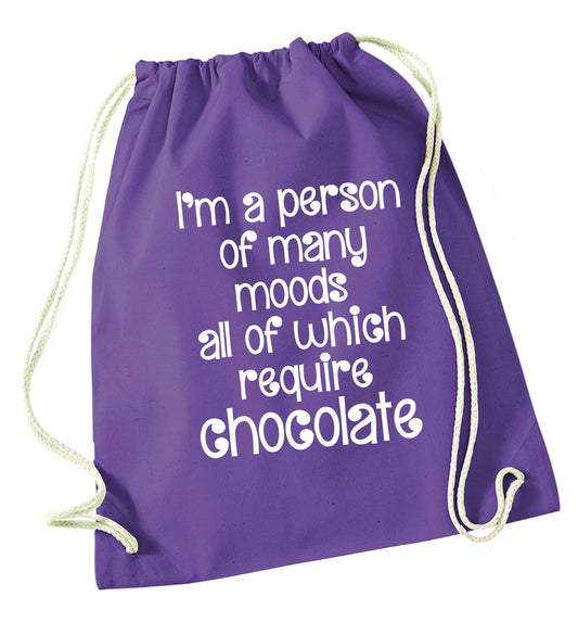 funny gift for a chocaholic! I'm a person of many moods all of which require chocolate purple drawstring bag