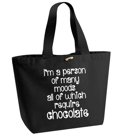 funny gift for a chocaholic! I'm a person of many moods all of which require chocolate organic cotton premium tote bag with wooden toggle in black