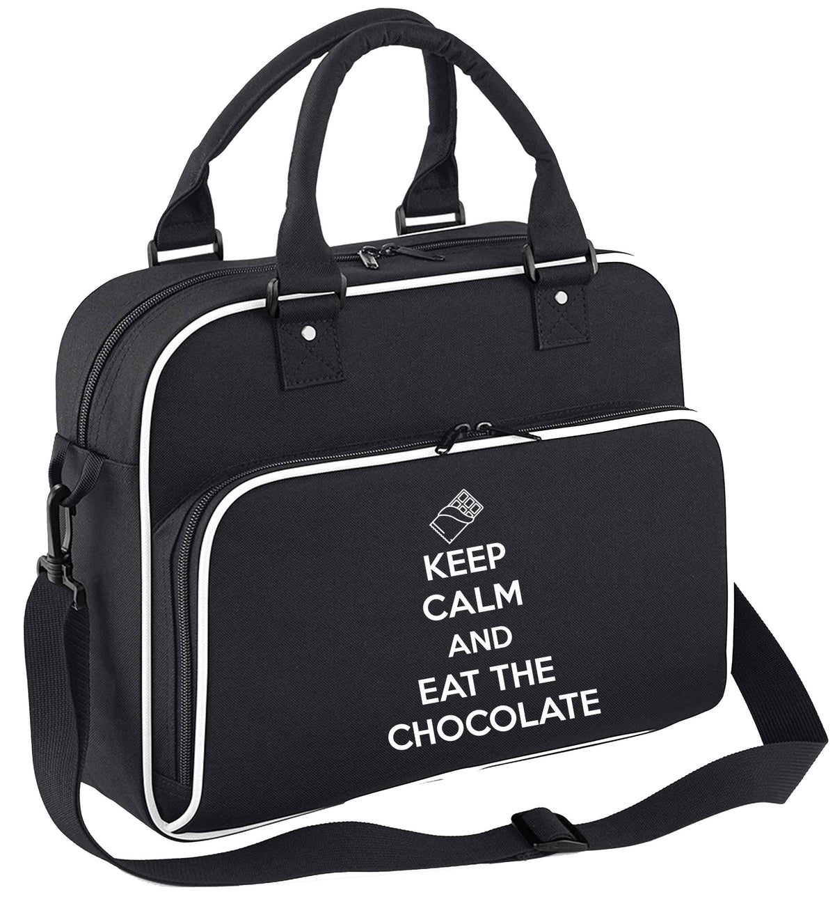 funny gift for a chocaholic! Keep calm and eat the chocolate children's dance bag black with white detail