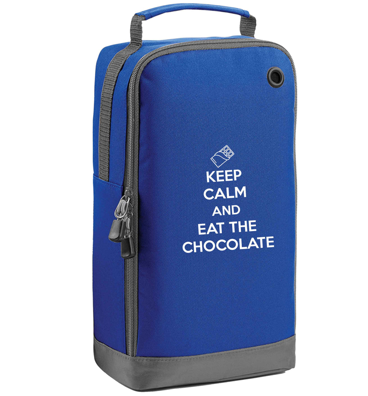 funny gift for a chocaholic! Keep calm and eat the chocolate blue sports shoe bag vertical print