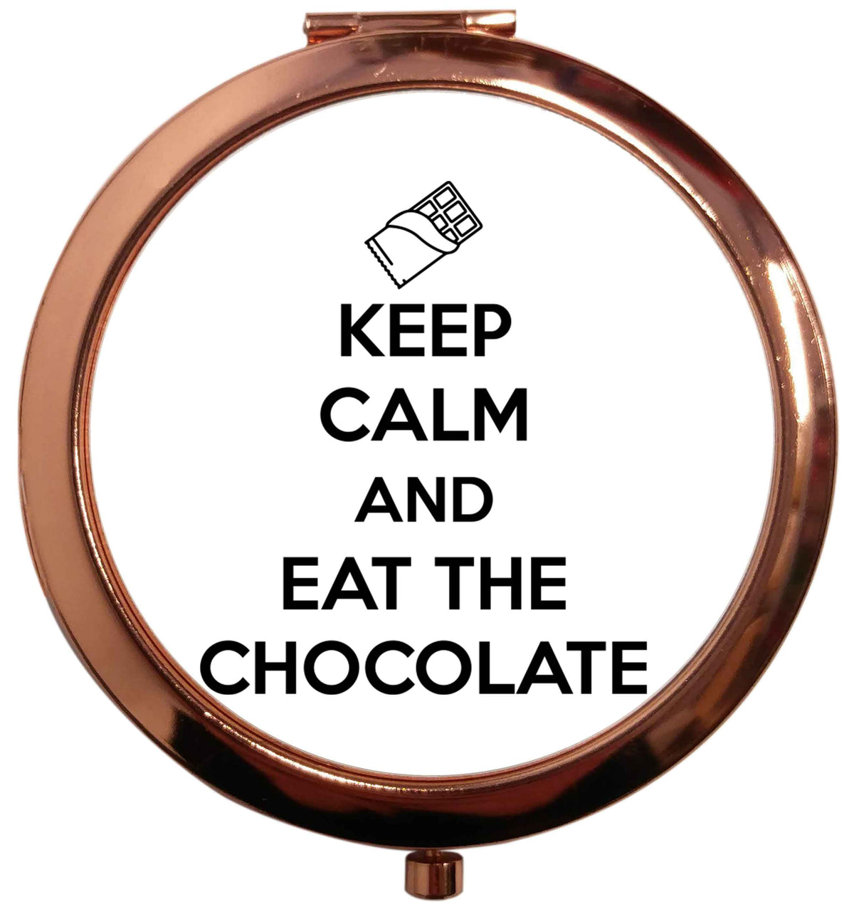 funny gift for a chocaholic! Keep calm and eat the chocolate rose gold circle pocket mirror