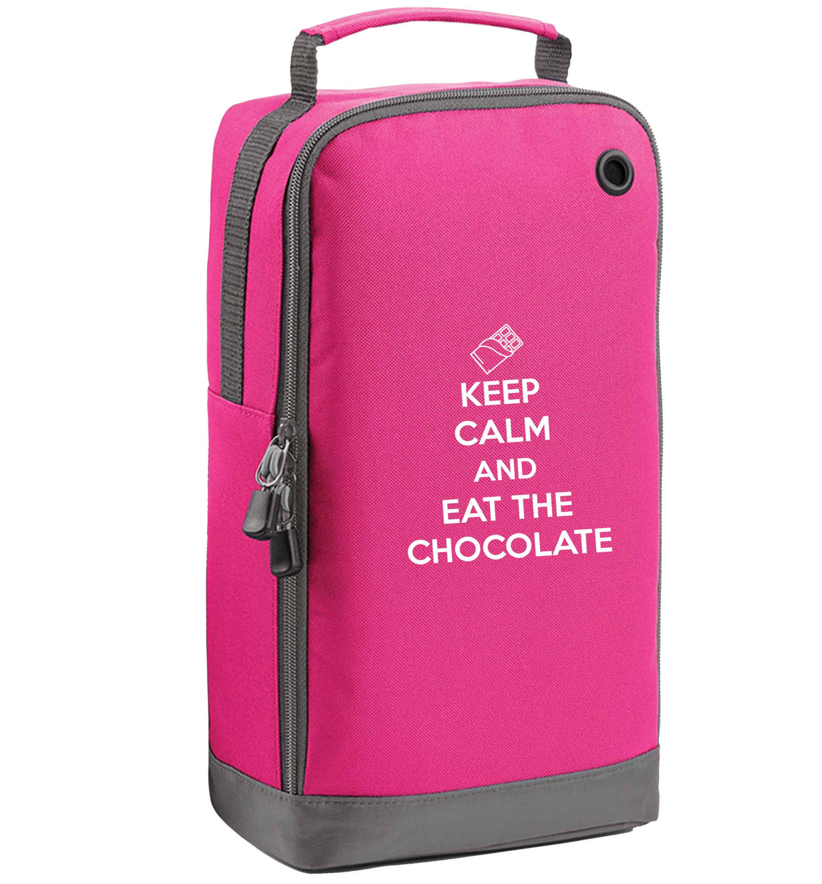 funny gift for a chocaholic! Keep calm and eat the chocolate pink sports shoe bag vertical print