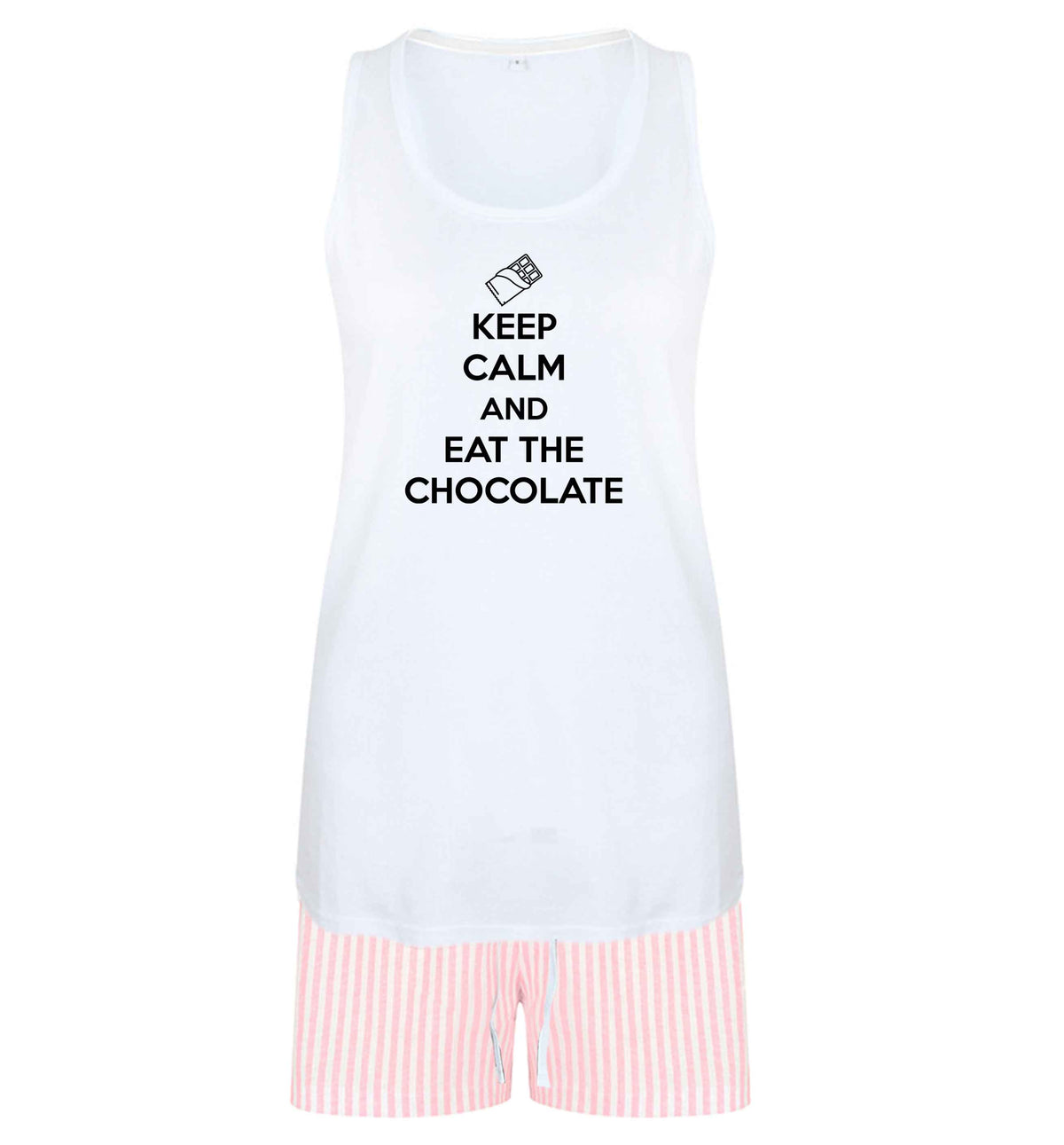 funny gift for a chocaholic! Keep calm and eat the chocolate size XL women's pyjama shorts set in pink 