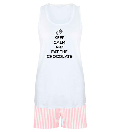 funny gift for a chocaholic! Keep calm and eat the chocolate size XL women's pyjama shorts set in pink 
