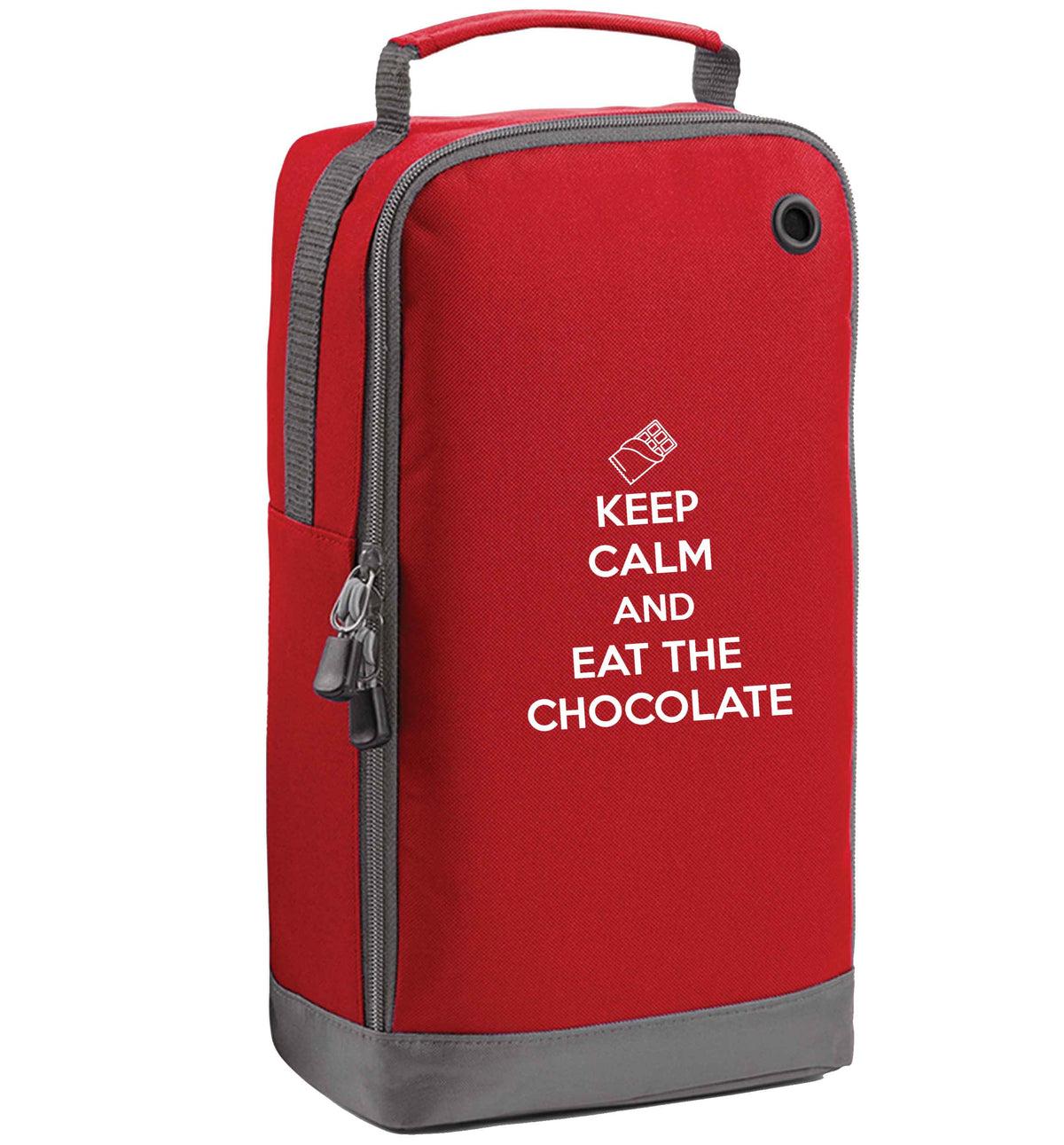 funny gift for a chocaholic! Keep calm and eat the chocolate red sports shoe bag vertical print