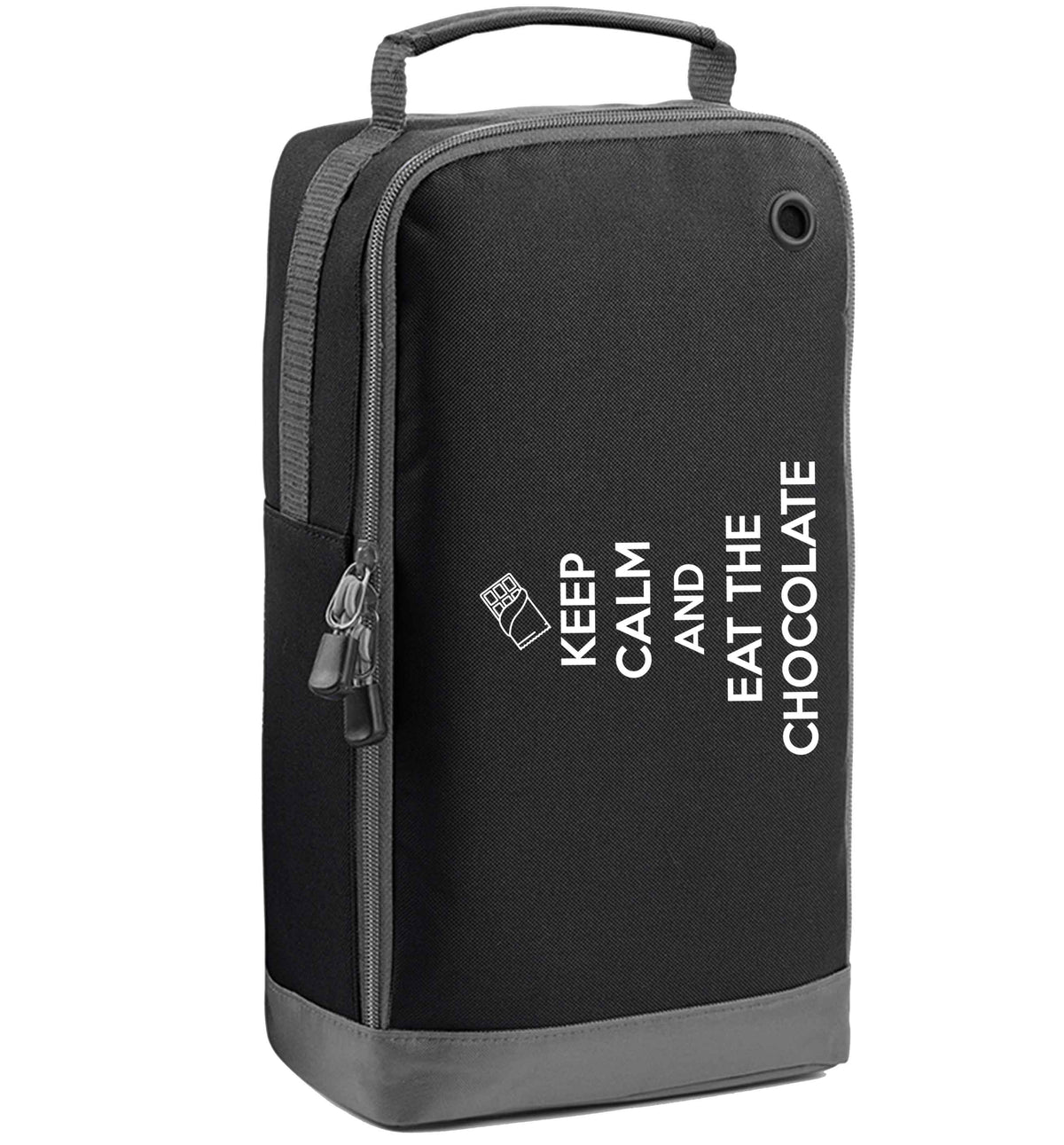 funny gift for a chocaholic! Keep calm and eat the chocolate black sports shoe bag horizontal print