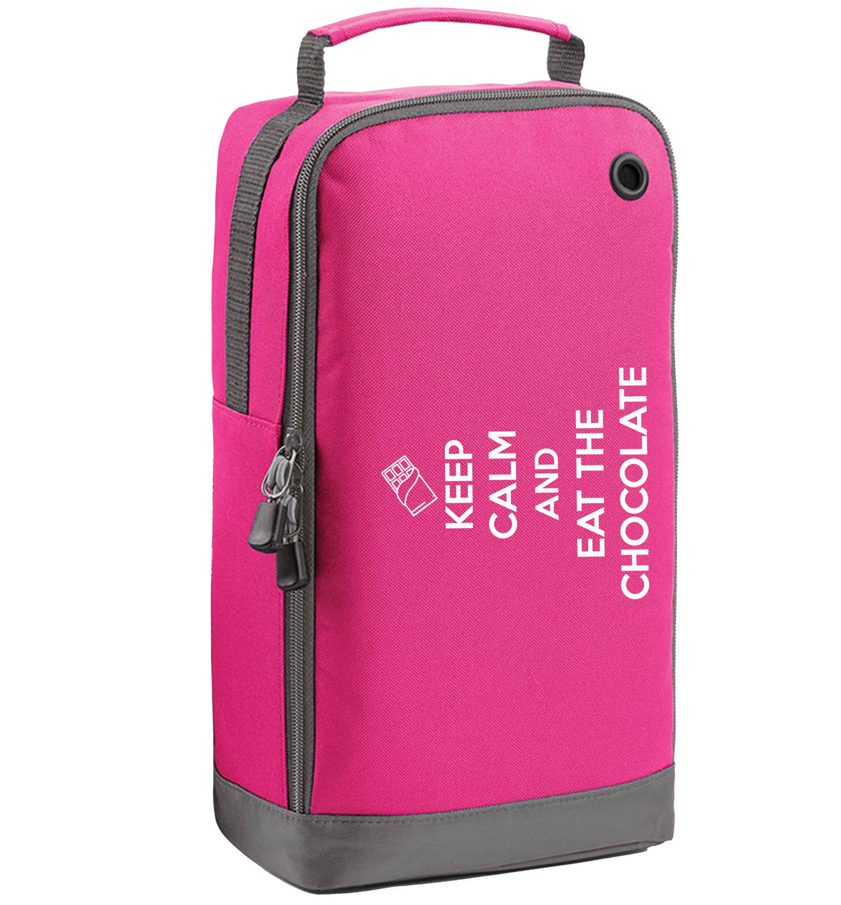 funny gift for a chocaholic! Keep calm and eat the chocolate pink sports shoe bag horizontal print