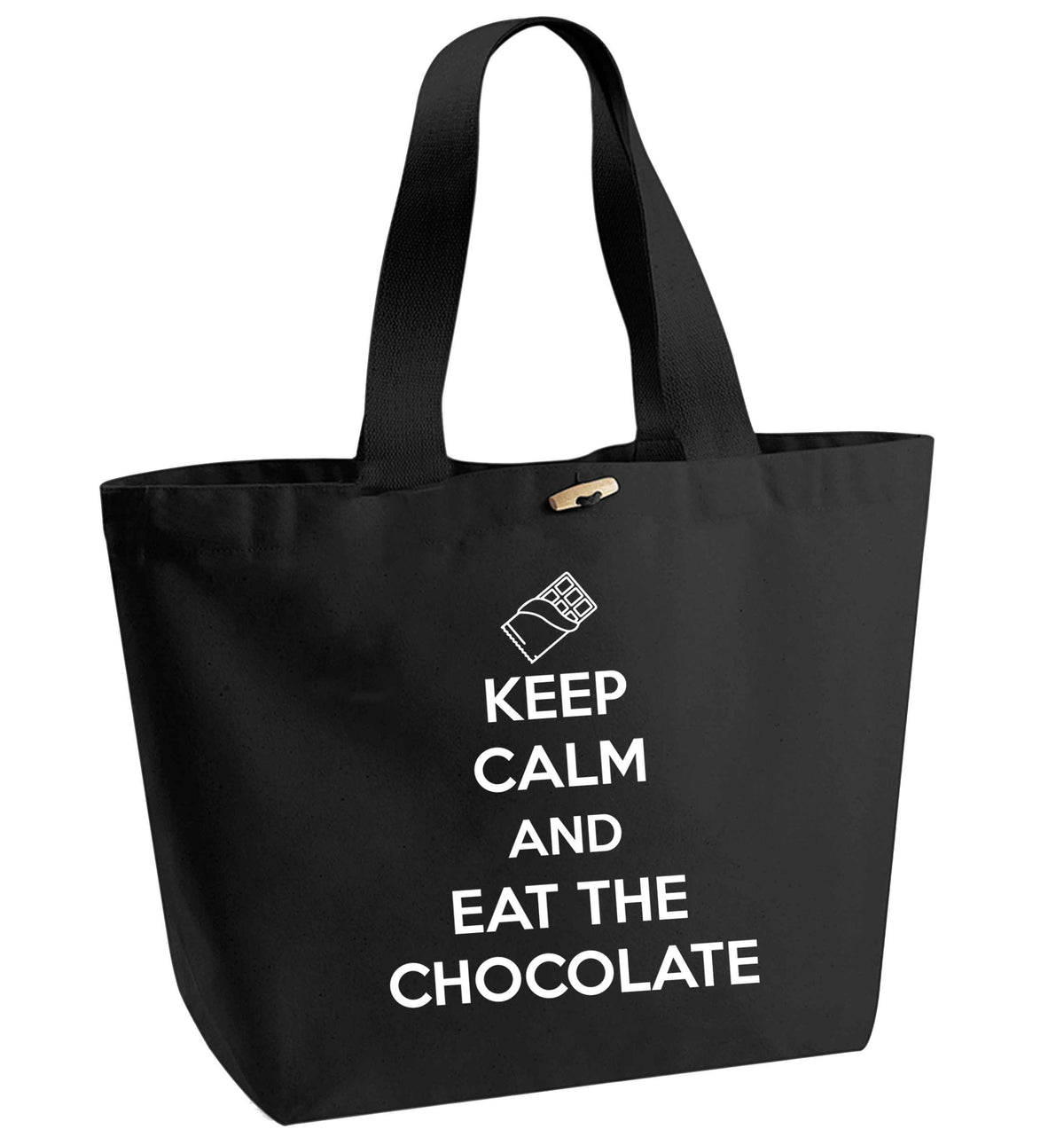 funny gift for a chocaholic! Keep calm and eat the chocolate organic cotton premium tote bag with wooden toggle in black