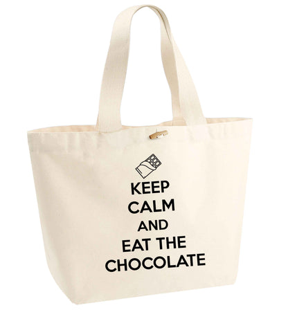 funny gift for a chocaholic! Keep calm and eat the chocolate organic cotton premium tote bag with wooden toggle in natural