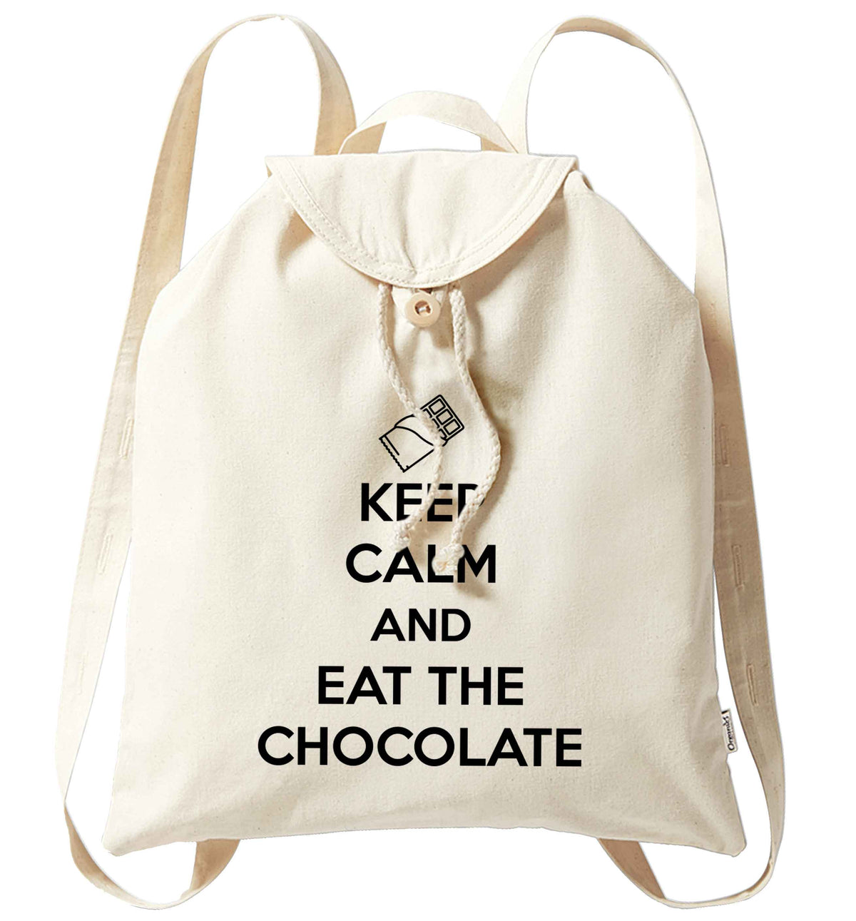 funny gift for a chocaholic! Keep calm and eat the chocolate organic cotton backpack tote with wooden buttons in natural