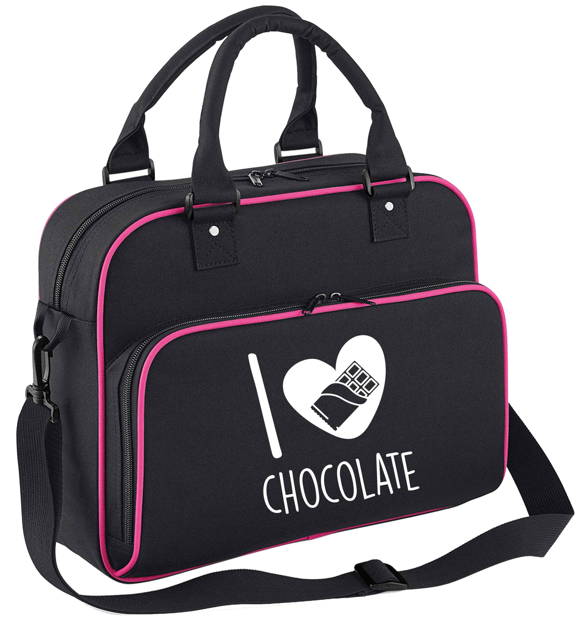 funny gift for a chocaholic! I love chocolate children's dance bag black with pink detail