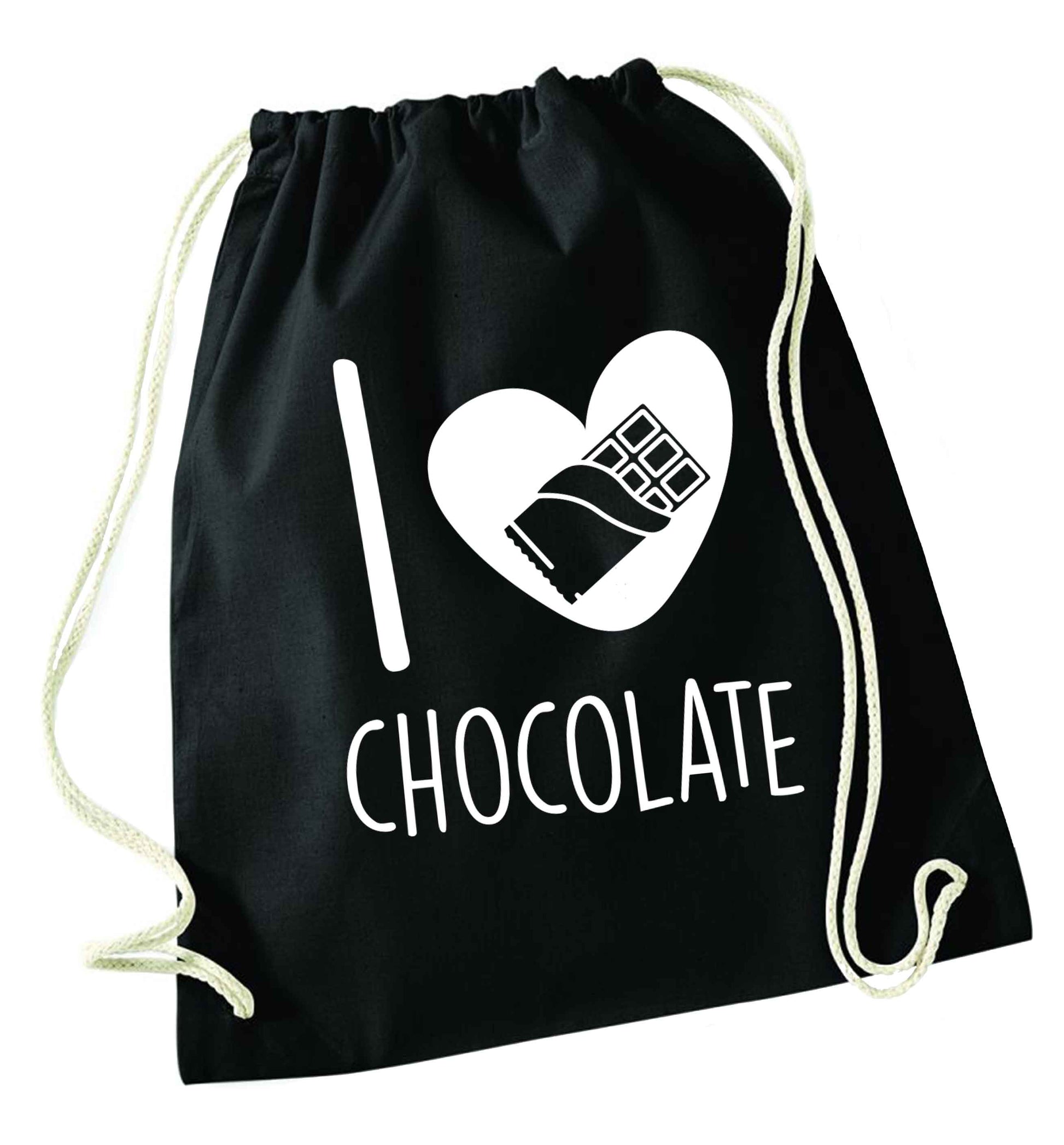funny gift for a chocaholic! I love chocolate black drawstring bag