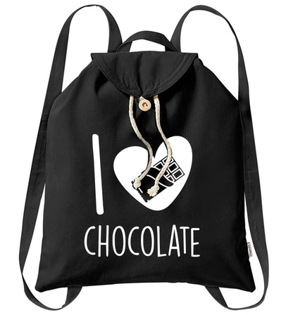 funny gift for a chocaholic! I love chocolate organic cotton backpack tote with wooden buttons in black