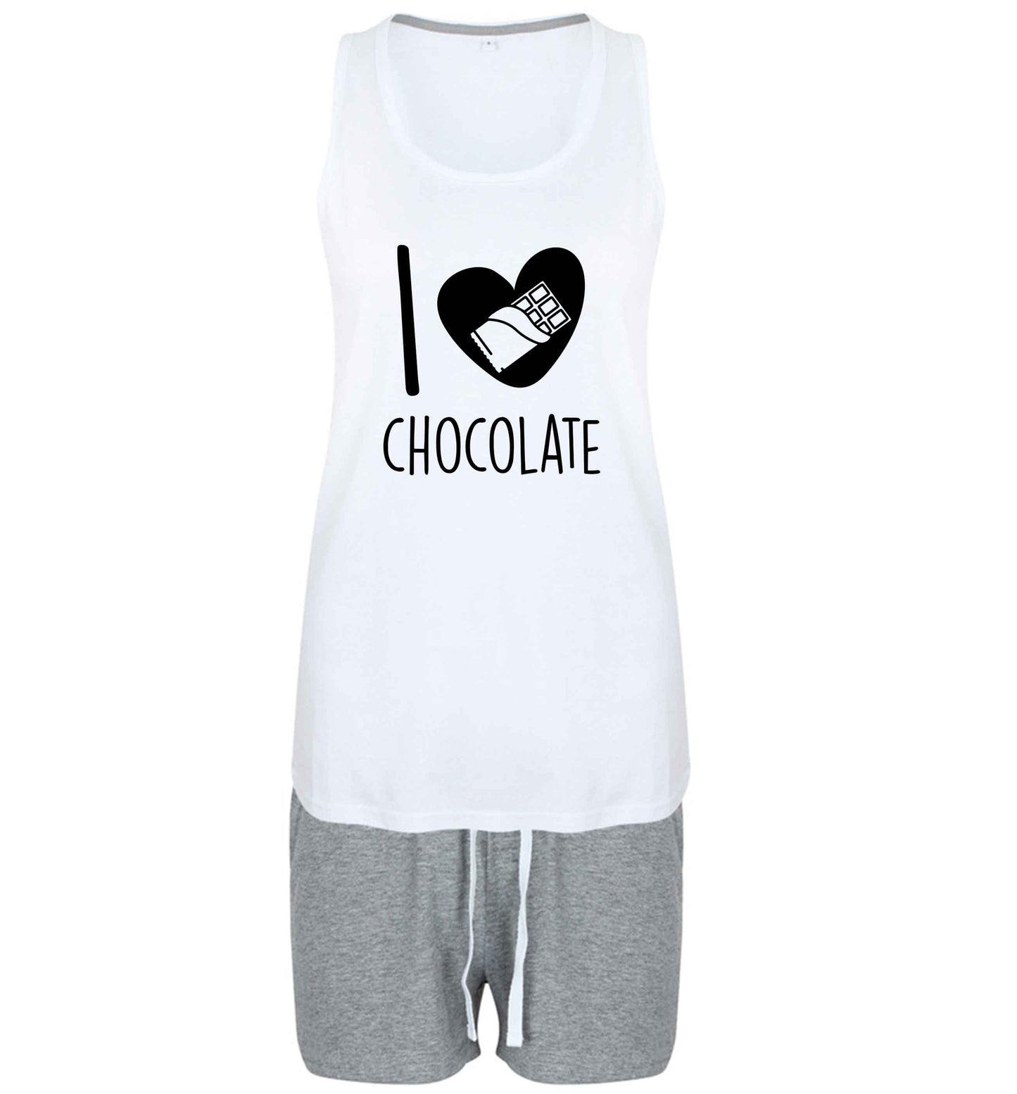 funny gift for a chocaholic! I love chocolate size XL women's pyjama shorts set in grey