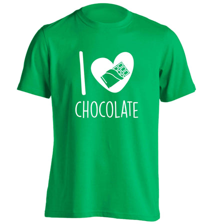 funny gift for a chocaholic! I love chocolate adults unisex green Tshirt 2XL