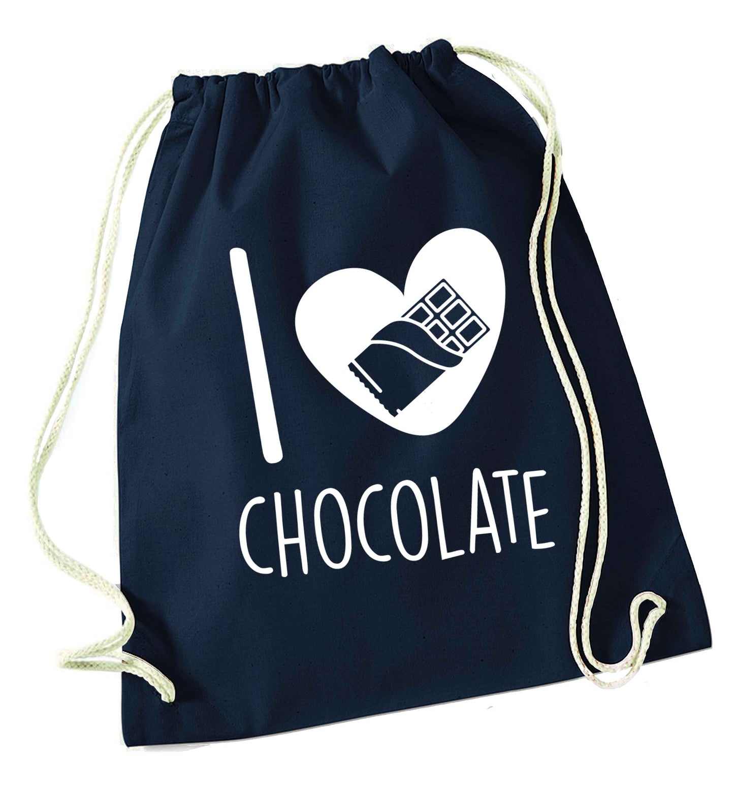 funny gift for a chocaholic! I love chocolate navy drawstring bag