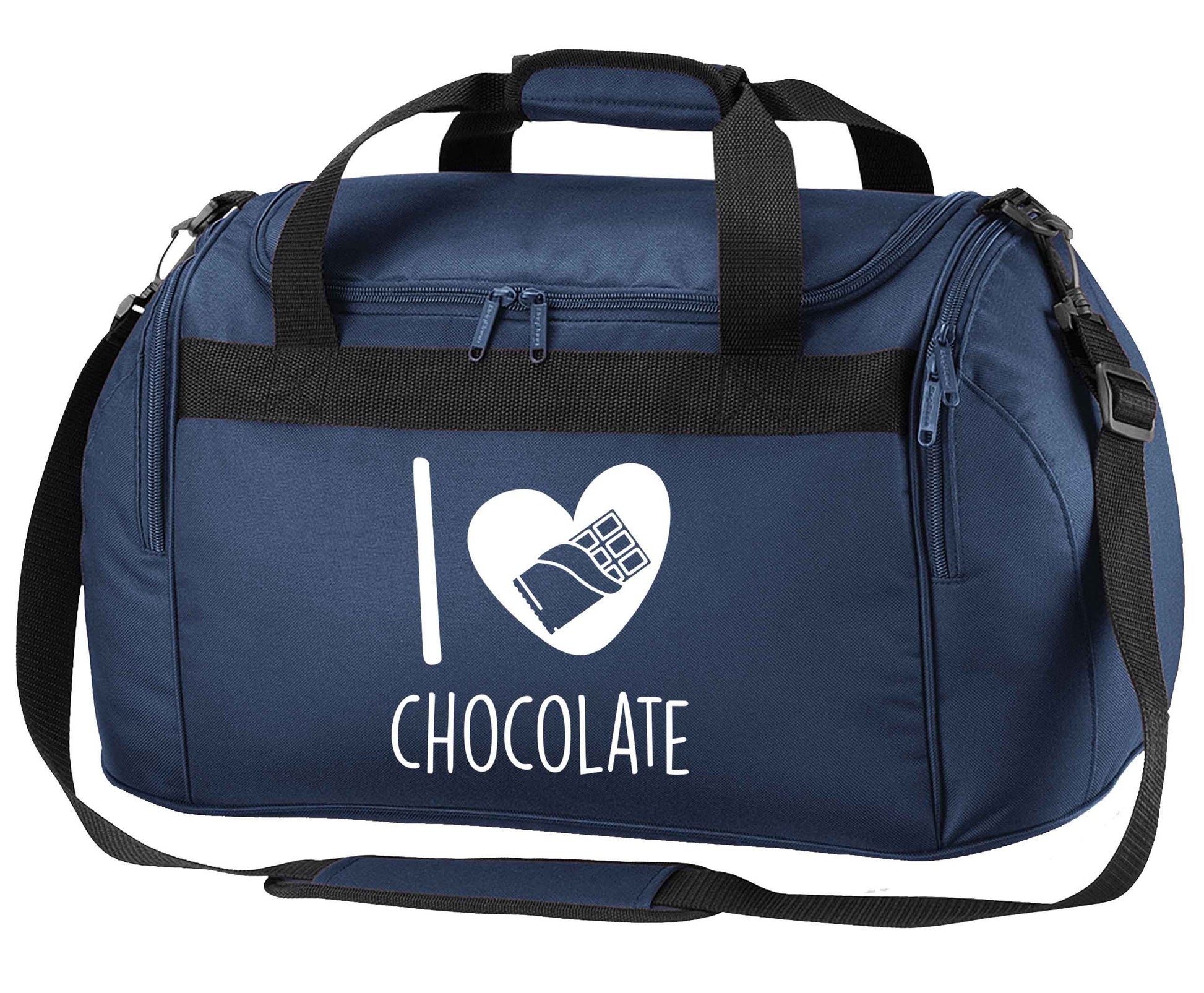 funny gift for a chocaholic! I love chocolate navy holdall / duffel bag