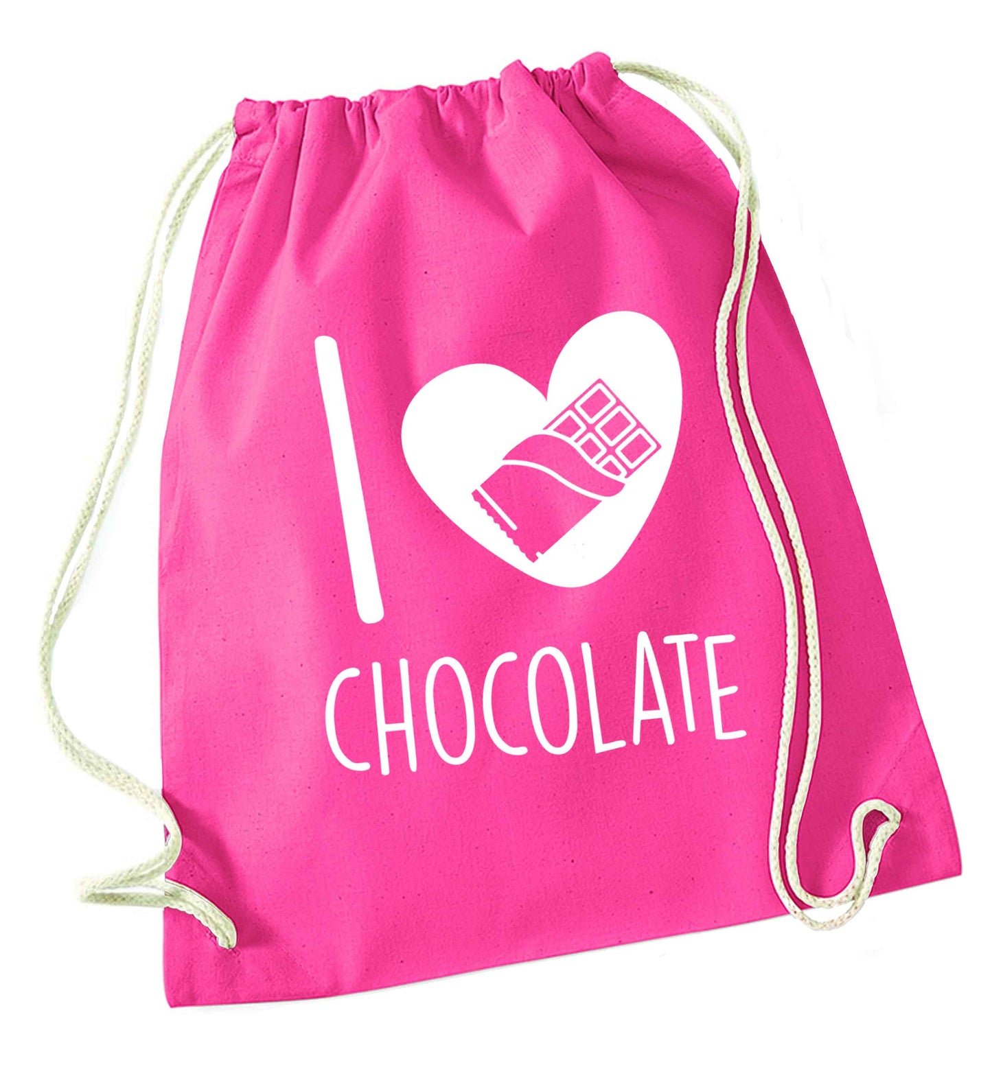 funny gift for a chocaholic! I love chocolate pink drawstring bag