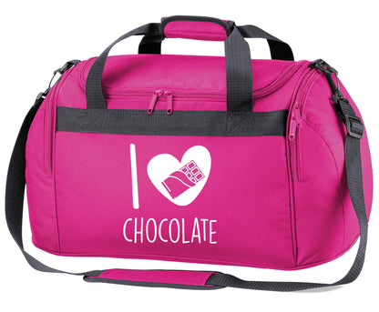 funny gift for a chocaholic! I love chocolate pink holdall / duffel bag