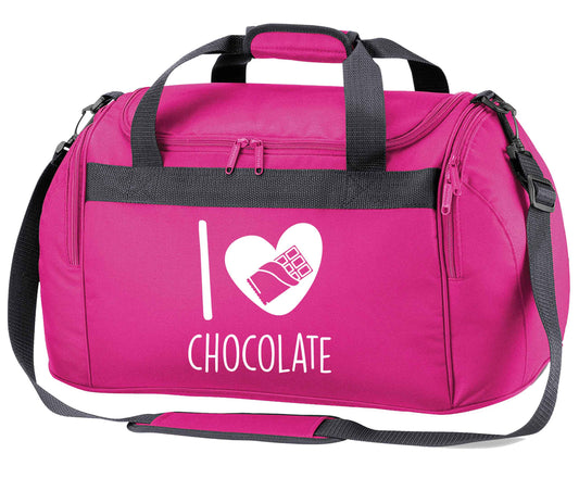 funny gift for a chocaholic! I love chocolate pink holdall / duffel bag