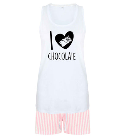 funny gift for a chocaholic! I love chocolate size XL women's pyjama shorts set in pink 