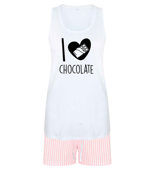 funny gift for a chocaholic! I love chocolate size XL women's pyjama shorts set in pink 