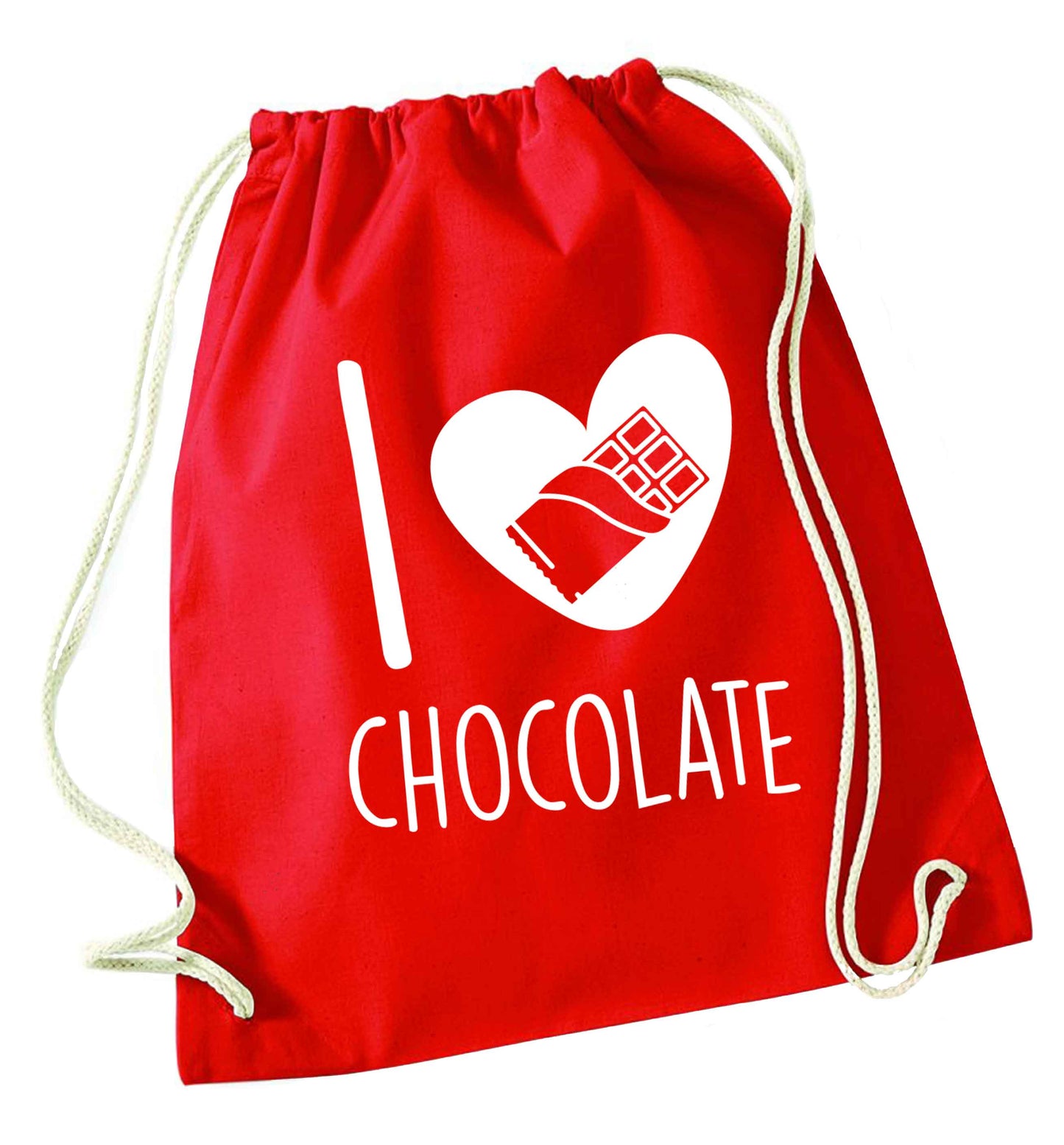 funny gift for a chocaholic! I love chocolate red drawstring bag 