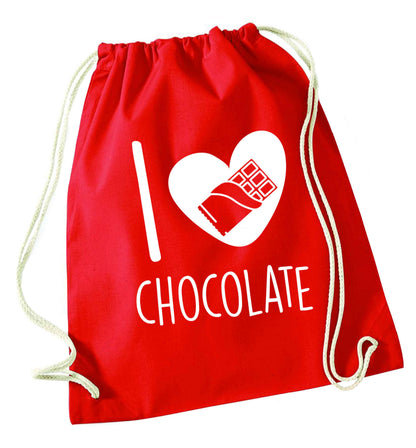 funny gift for a chocaholic! I love chocolate red drawstring bag 