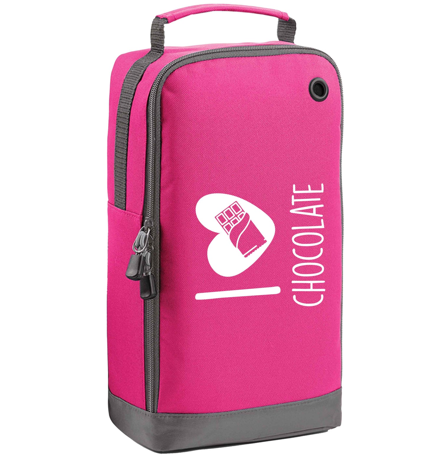 funny gift for a chocaholic! I love chocolate pink sports shoe bag horizontal print
