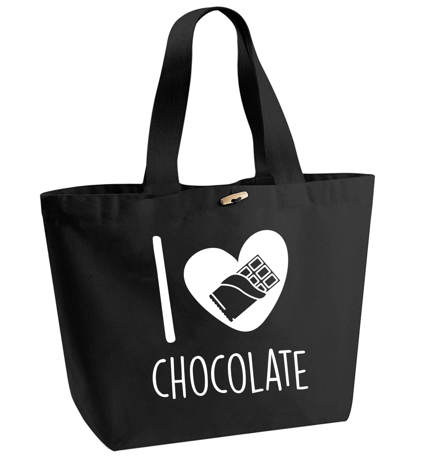 funny gift for a chocaholic! I love chocolate organic cotton premium tote bag with wooden toggle in black