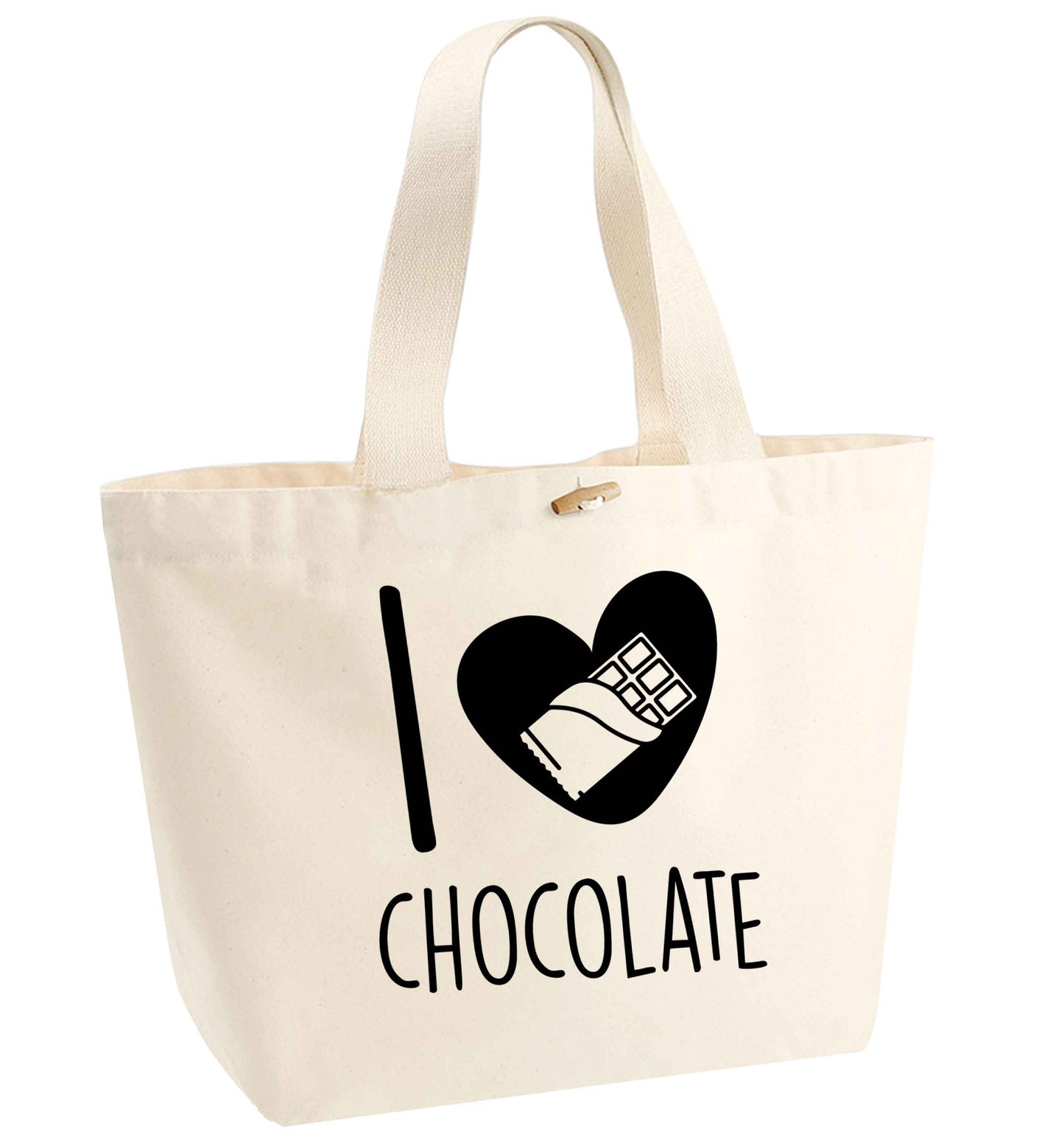 funny gift for a chocaholic! I love chocolate organic cotton premium tote bag with wooden toggle in natural