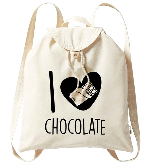 funny gift for a chocaholic! I love chocolate organic cotton backpack tote with wooden buttons in natural