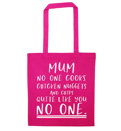 Super funny sassy gift for mother's day or birthday!  Mum no one cooks chicken nuggets and chips like you no one pink tote bag