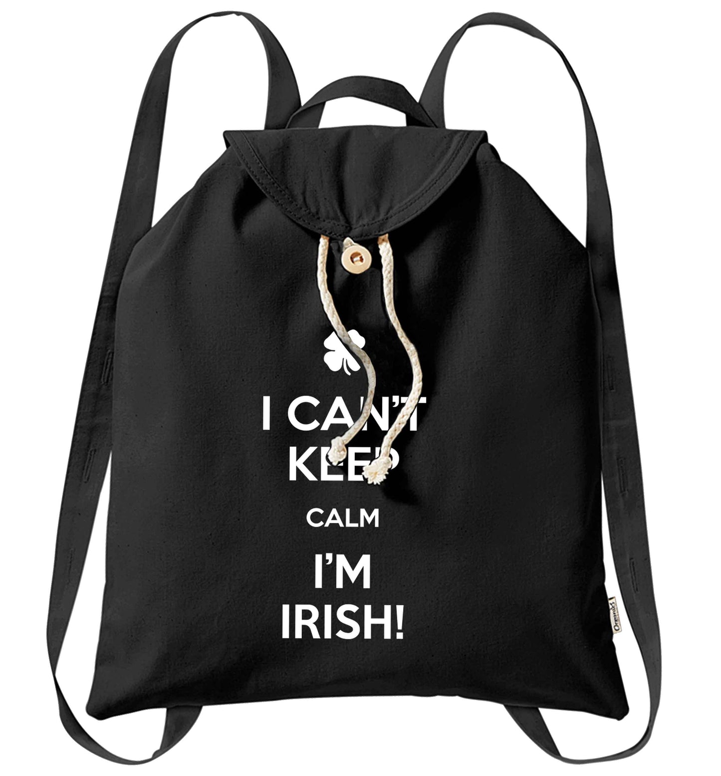 Funny gifts for your mum on mother's dayor her birthday! I can't keep calm I'm Irish organic cotton backpack tote with wooden buttons in black