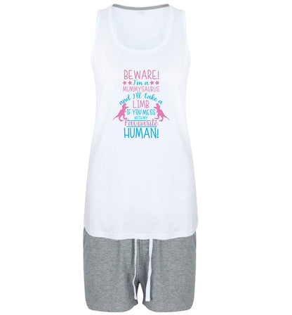 Perfect gift for any protective mummysaurus! Beware I'm a mummysaurus and I'll take a limb if you mess with my favourite human size XL women's pyjama shorts set in pink 