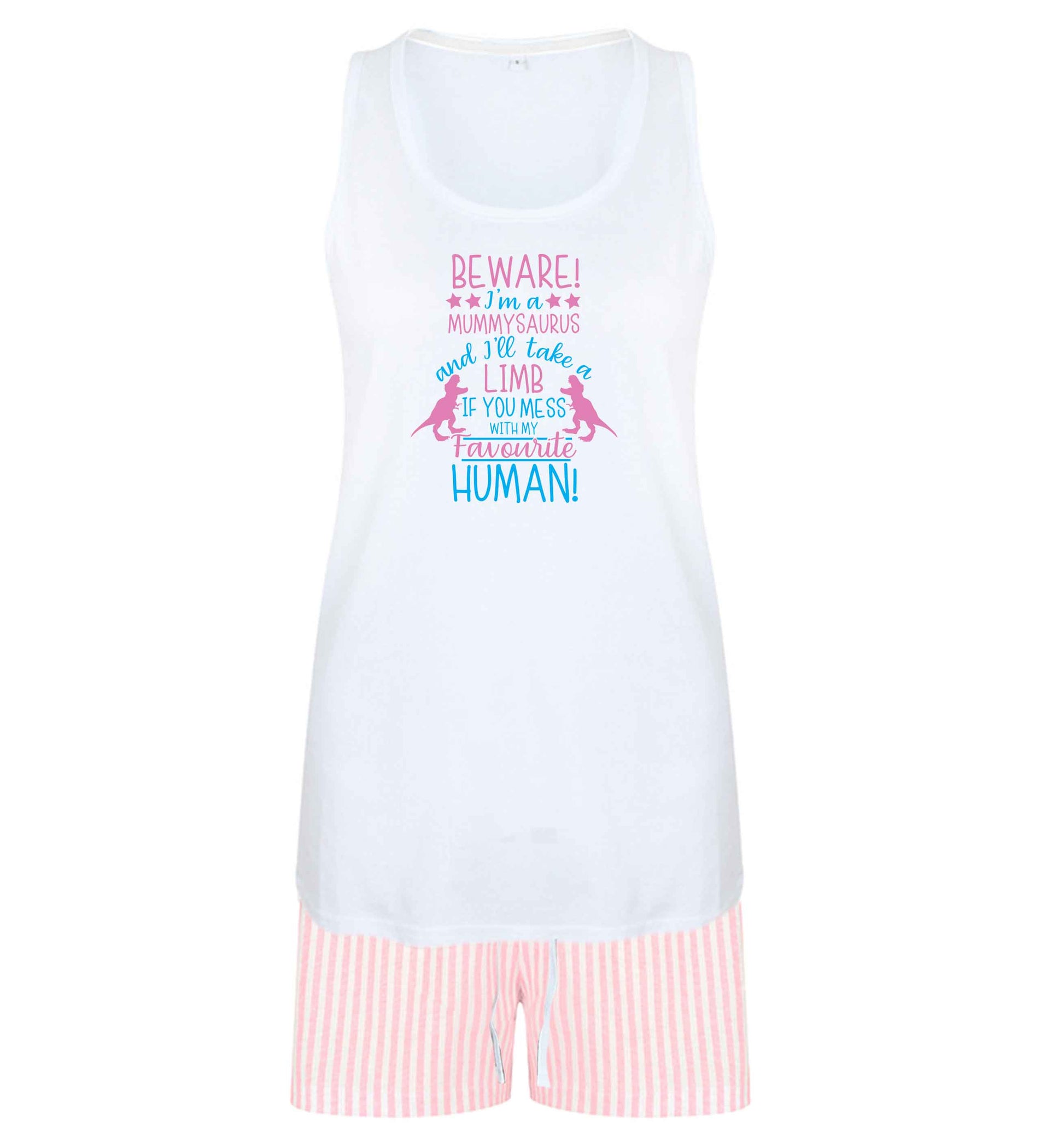 Perfect gift for any protective mummysaurus! Beware I'm a mummysaurus and I'll take a limb if you mess with my favourite human size XL women's pyjama shorts set in pink 