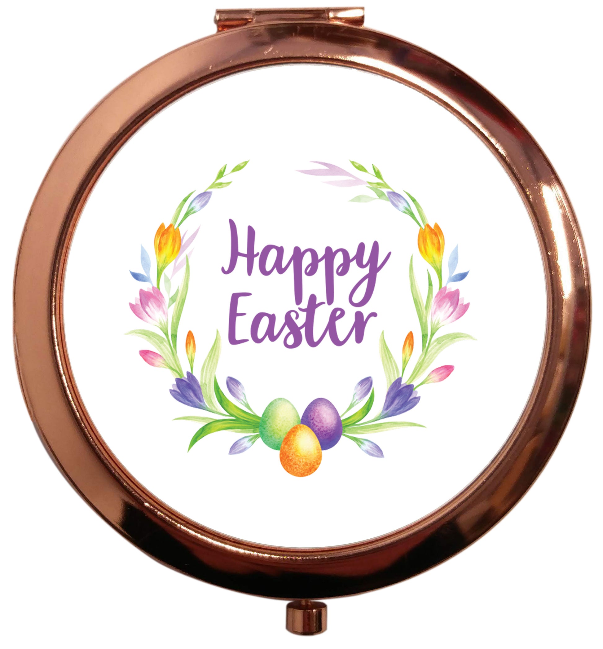 Gorgeous watercolour print for any bunny lover! Perfect for Easter and spring!  Happy Easter floral wreath rose gold circle pocket mirror