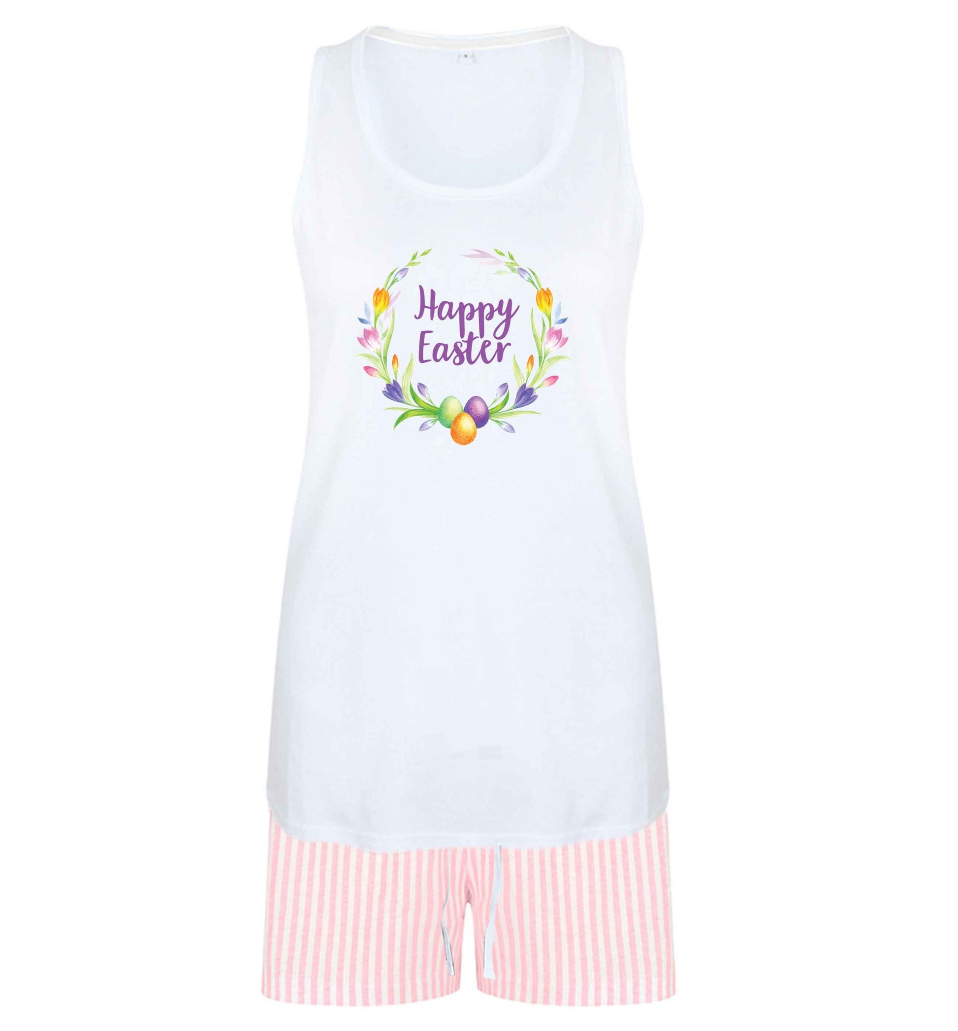 Gorgeous watercolour print for any bunny lover! Perfect for Easter and spring!  Happy Easter floral wreath size XL women's pyjama shorts set in pink 