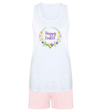 Gorgeous watercolour print for any bunny lover! Perfect for Easter and spring!  Happy Easter floral wreath size XL women's pyjama shorts set in pink 