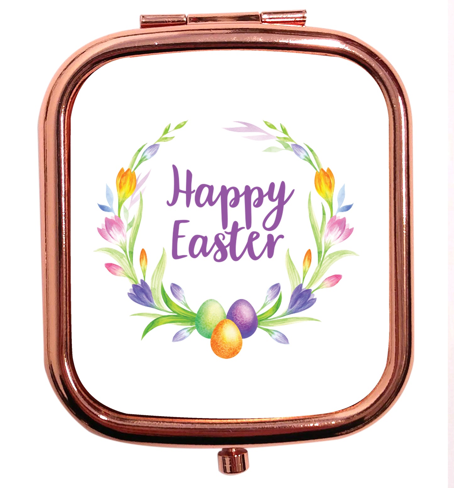 Gorgeous watercolour print for any bunny lover! Perfect for Easter and spring!  Happy Easter floral wreath rose gold square pocket mirror